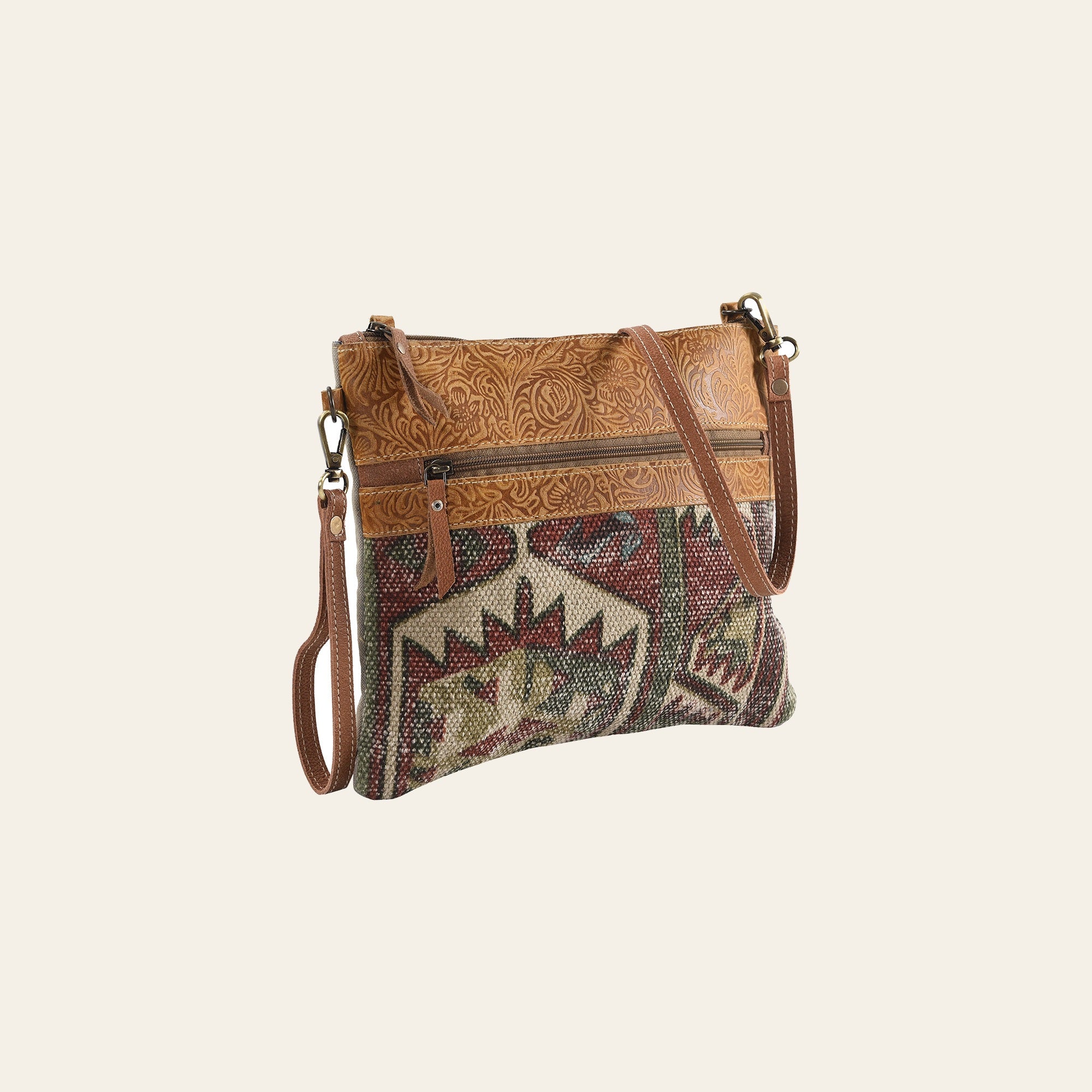 OHLAY Cross Body Upcycled Wool Canvas Embossed Genuine Leather Women Bag Western Handbag Purse Womens Handbags Belt Summer