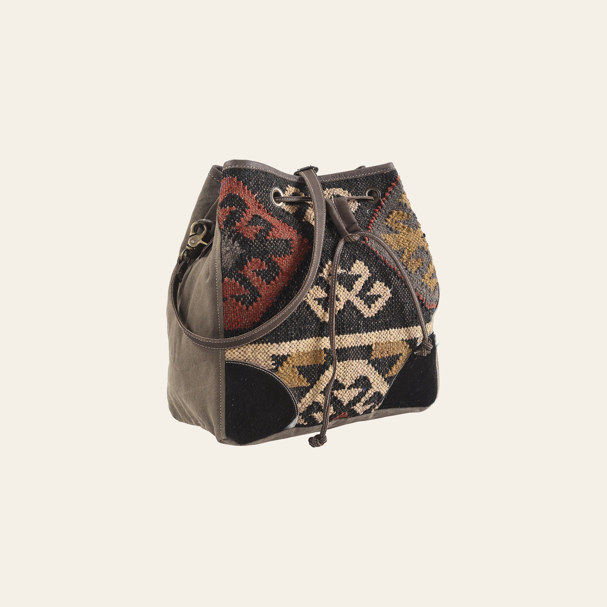 OHLAY Bucket Upcycled Wool Canvas Hair On Genuine Leather Women Bag Western Handbag Purse | Womens Handbags Belt for Summer