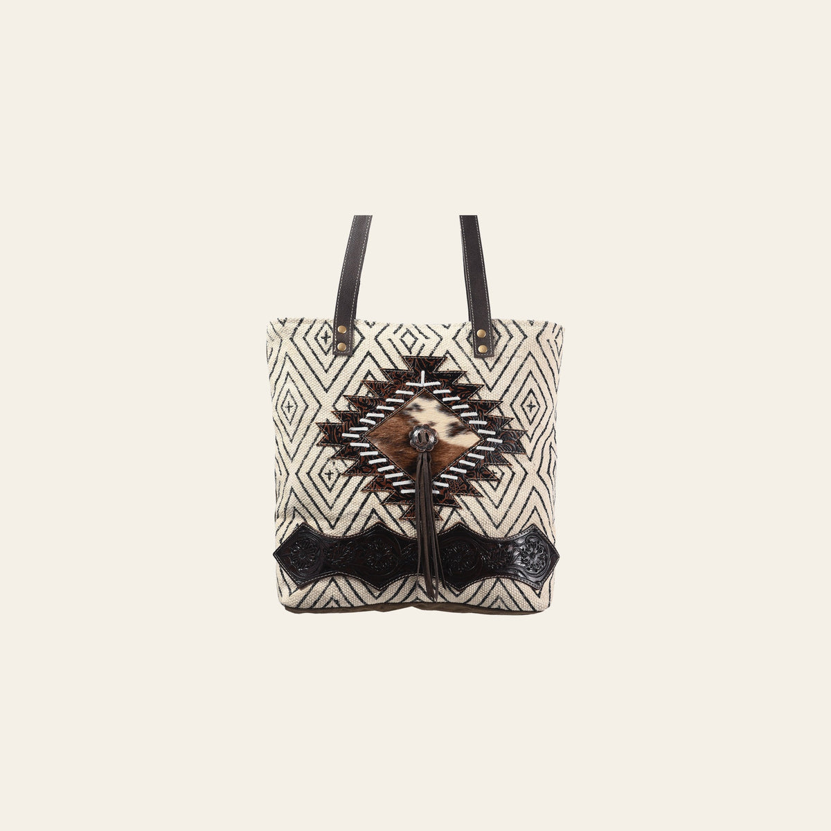 OHLAY KB370 TOTE Upcycled Wool Canvas Embossed Hair-on Genuine Leather women bag western handbag purse