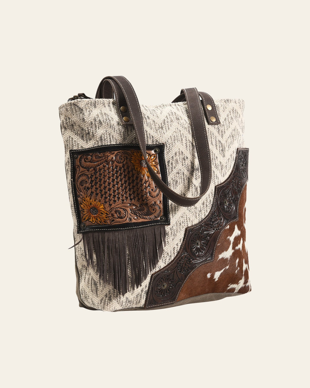 OHLAY KB373 TOTE Hand Tooled Upcycled Wool Canvas Hair-on Genuine Leather women bag western handbag purse