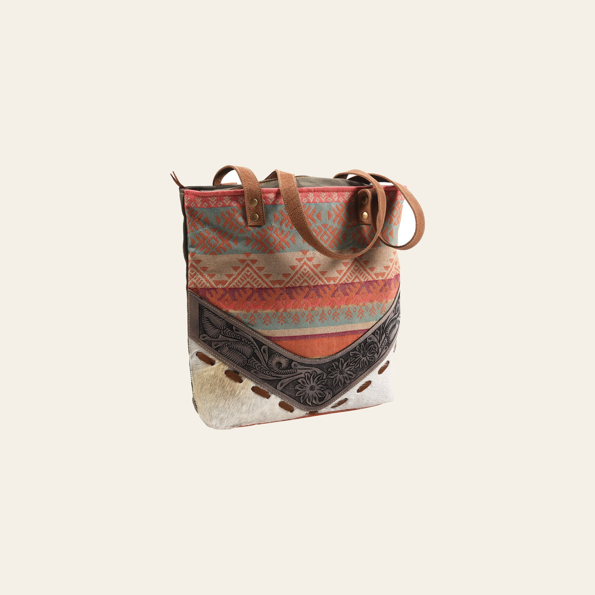 OHLAY KB376 TOTE Hand Tooled Upcycled Wool Canvas Hair-on Genuine Leather women bag western handbag purse