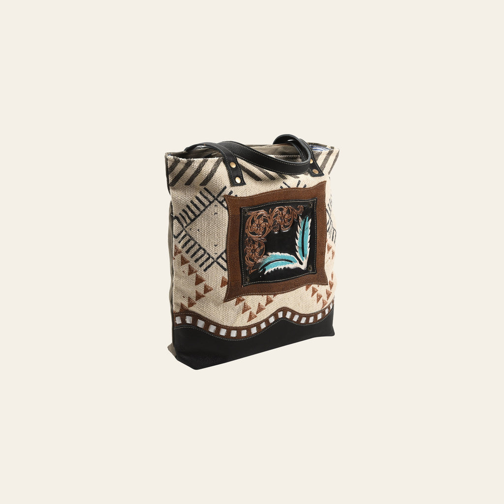 OHLAY KB386 TOTE Hand Tooled Upcycled Wool Canvas Genuine Leather women bag western handbag purse