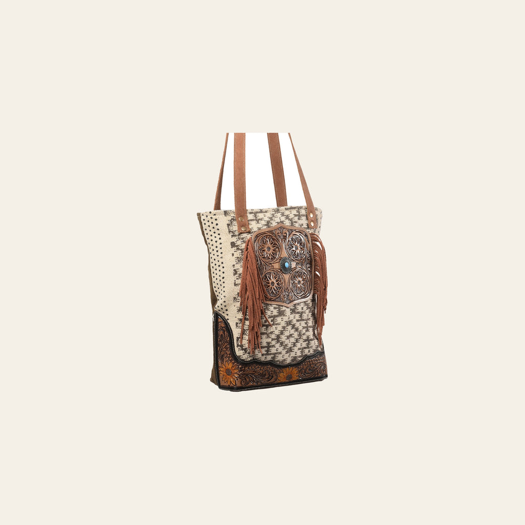 OHLAY KB394 TOTE Hand Tooled Upcycled Wool Canvas Genuine Leather women bag western handbag purse