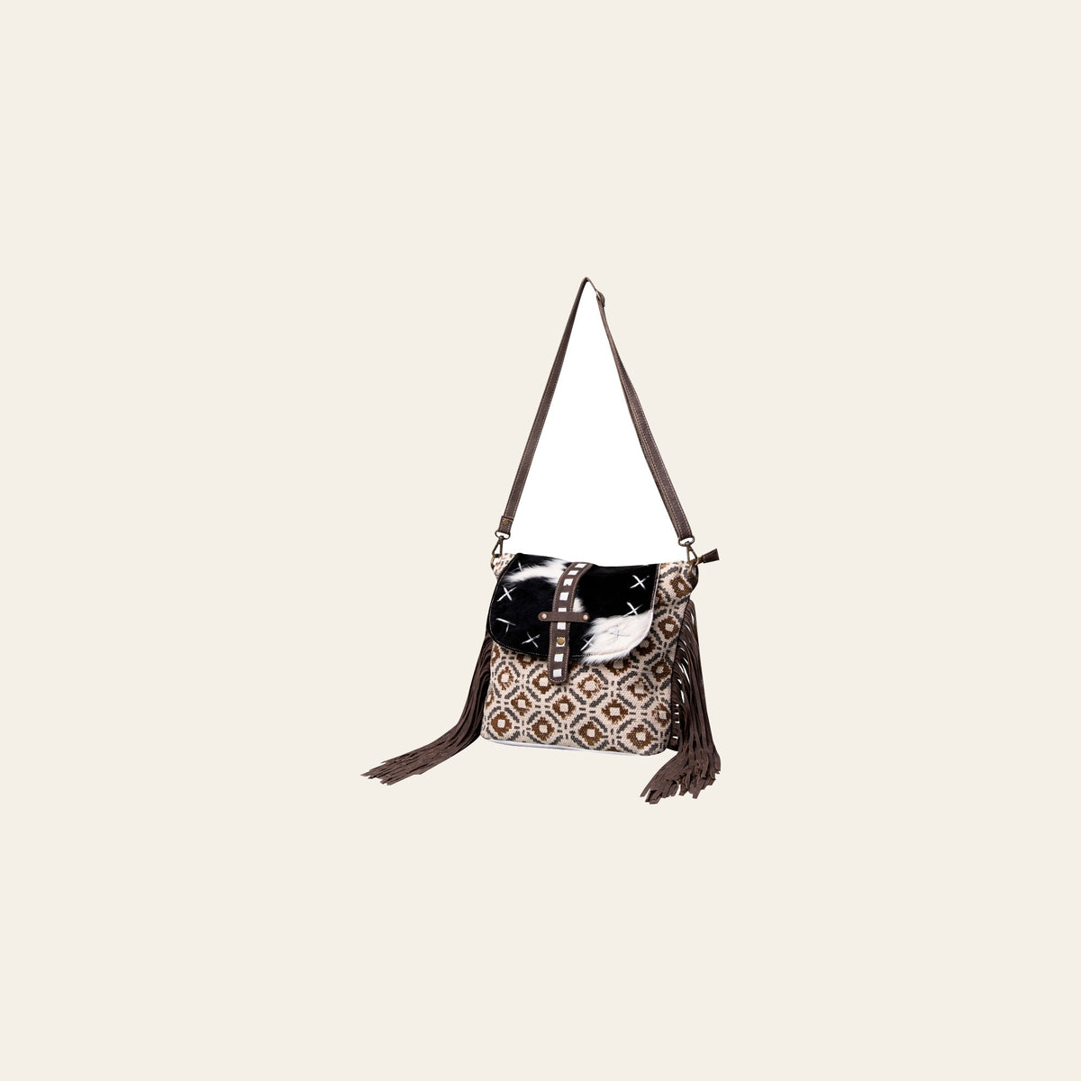 OHLAY Cross Body Upcycled Wool Canvas Hair-On Genuine Leather Women Bag Western Handbag Purse Womens Handbags Belt for Summer