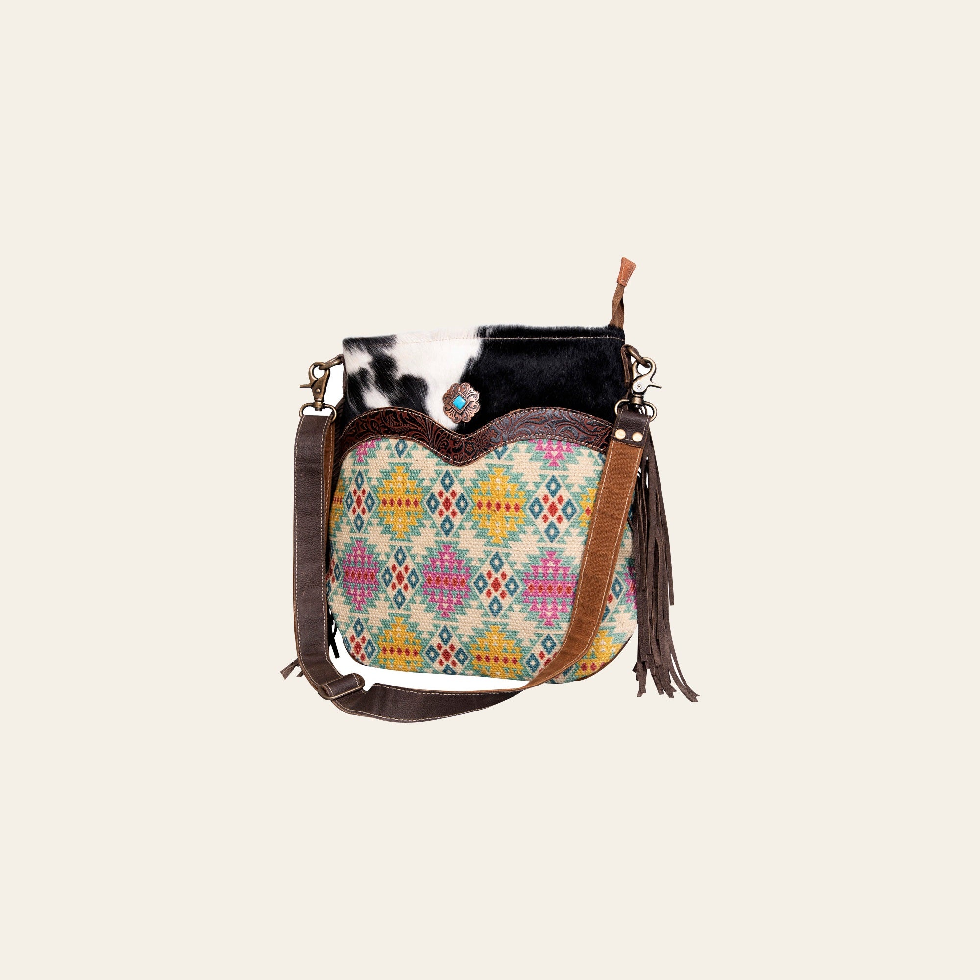 OHLAY Cross Body Upcycled Wool Canvas Embossed Hair-On Genuine Leather Women Bag Western Handbag Purse Womens Handbags