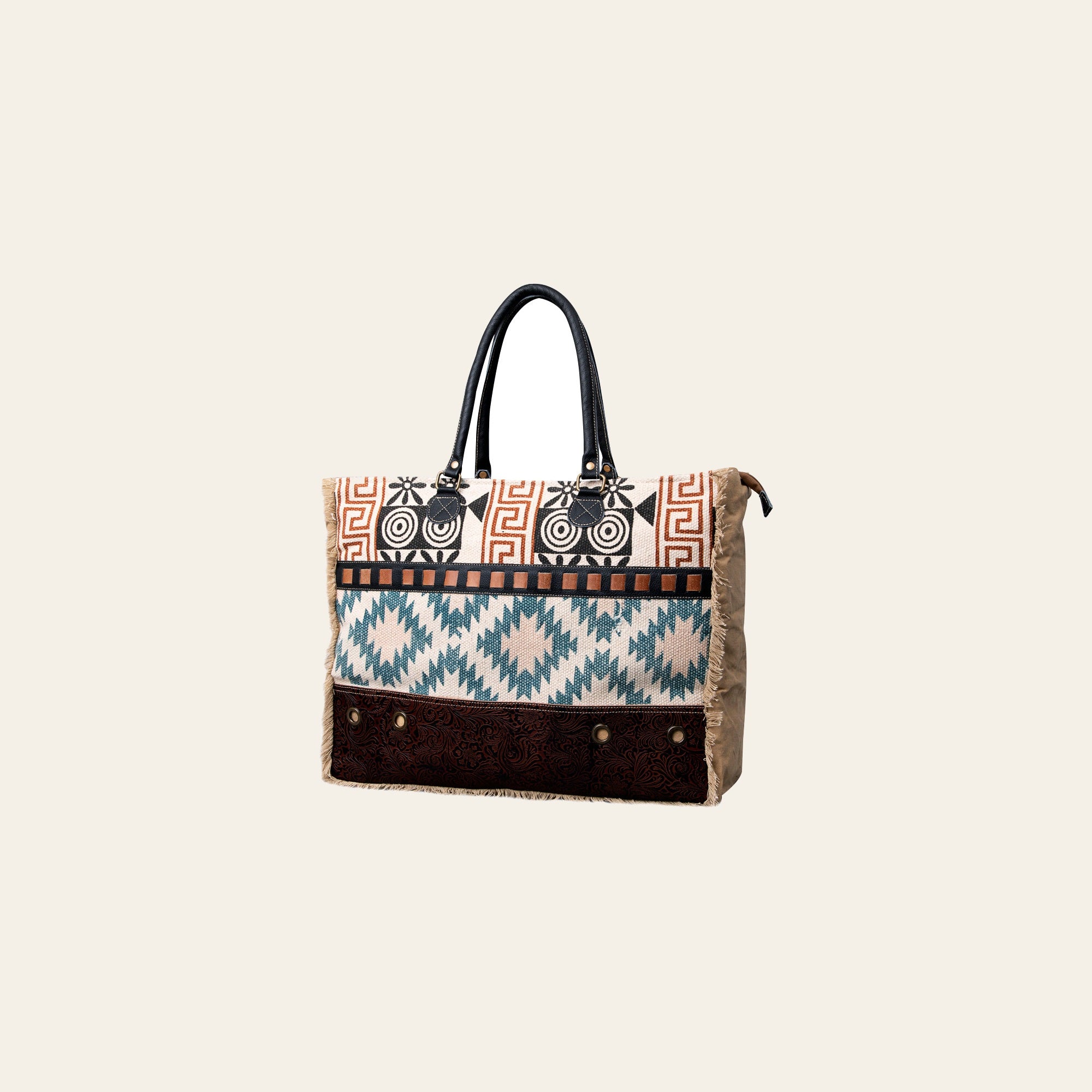 OHLAY KB484 TOTE Upcycled Wool Canvas Embossed Genuine Leather women bag western handbag purse