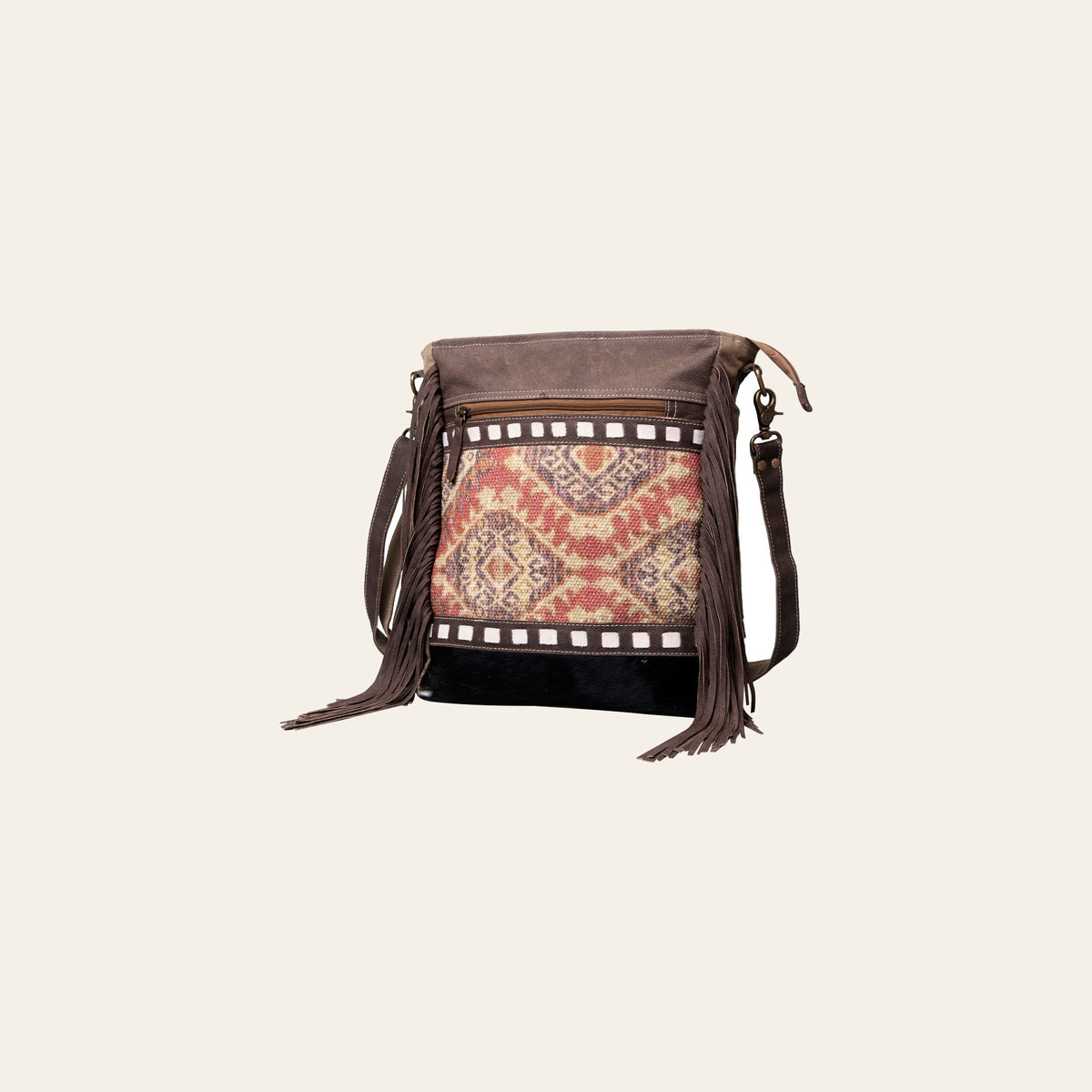 OHLAY Cross Body Upcycled Wool Canvas Hair-On Genuine Leather Women Bag Western Handbag Purse Womens Handbags Belt for Summer