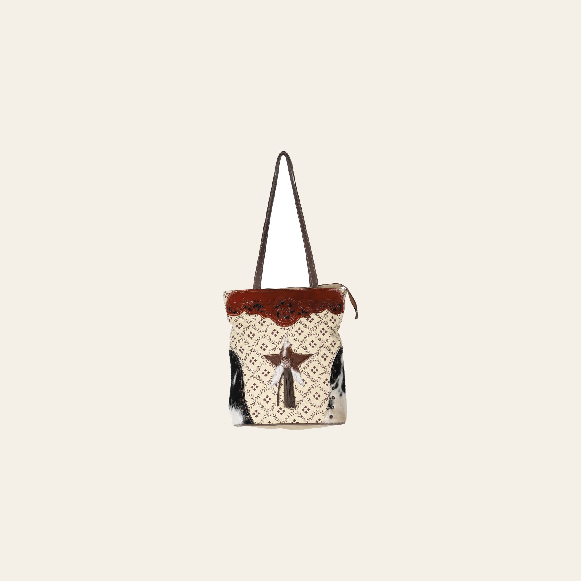 OHLAY KB612 TOTE Upcycled Canvas Embossed Hair-on Genuine Leather women bag western handbag purse