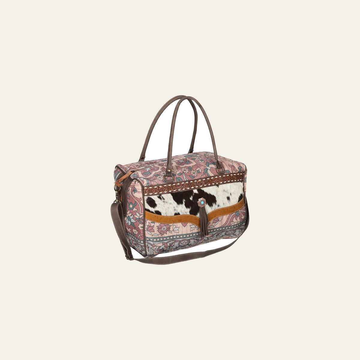 OHLAY Duffel Hand Tooled Upcycled Canvas Embossed Hair-On Genuine Leather Women Bag Western Handbag Purse | for Womens Summer