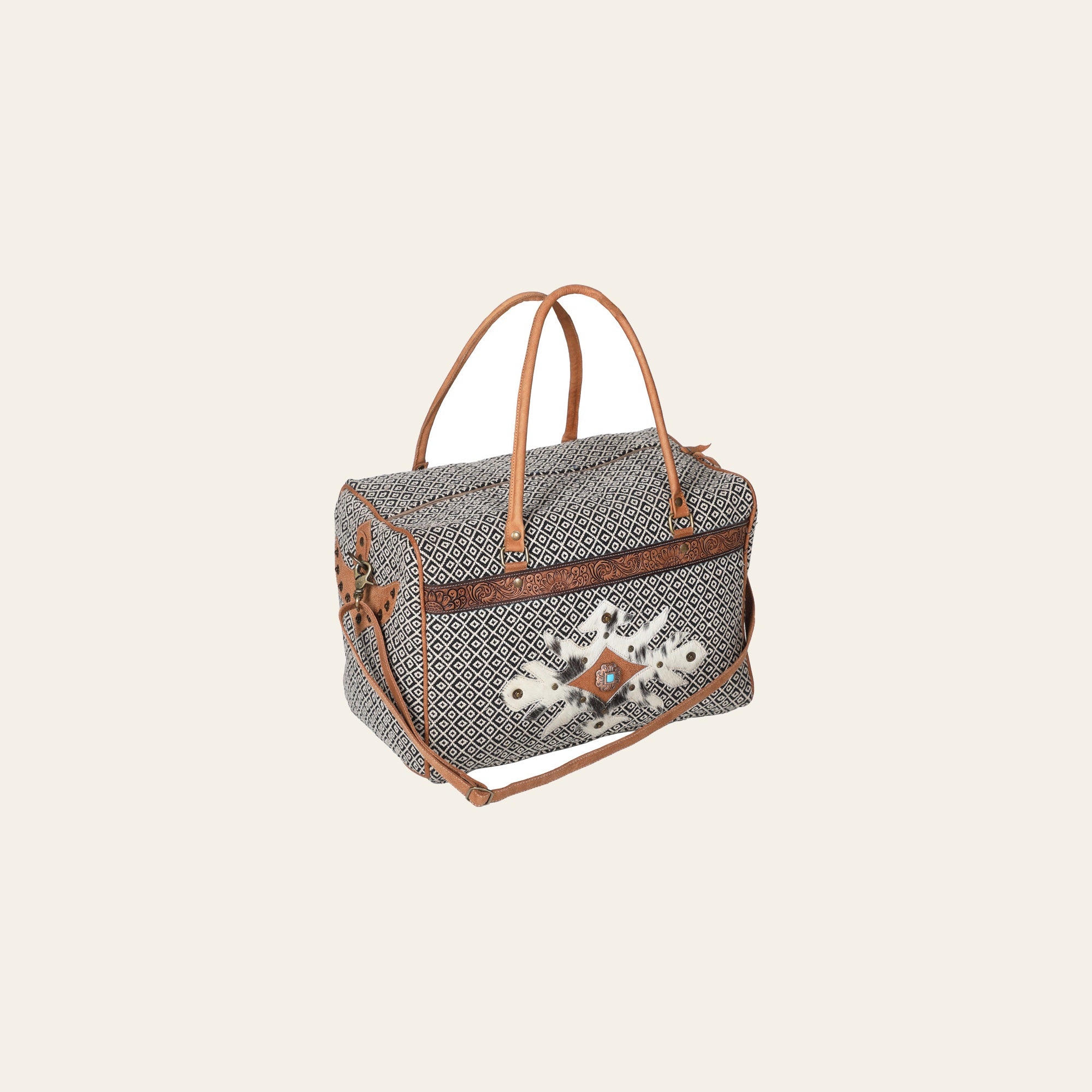 OHLAY Duffel Hand Tooled Upcycled Canvas Hair-On Genuine Leather Women Bag Western Handbag Purse | for Womens Summer