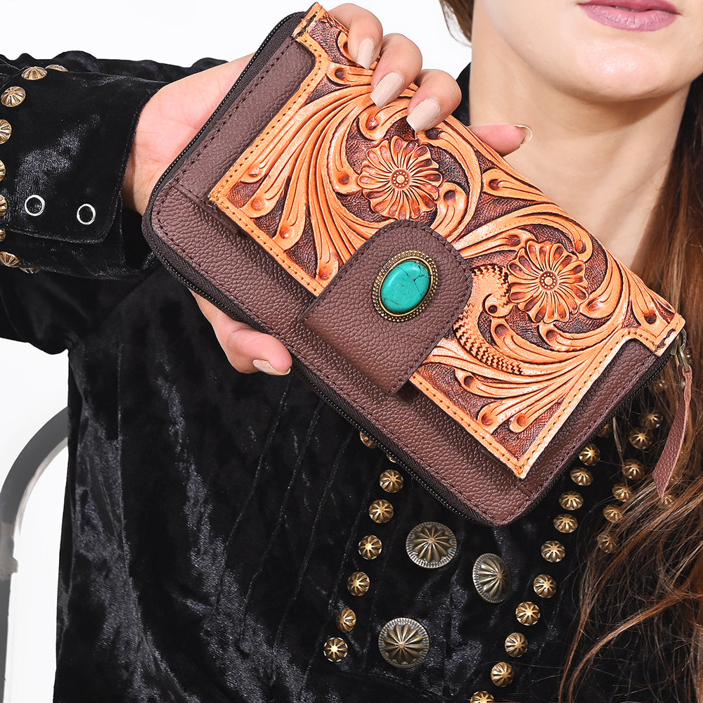 OHLAY Wallet Hand Tooled Genuine Leather Women Bag Western Handbag Purse | Womens Handbags |Leather Belt for Summer