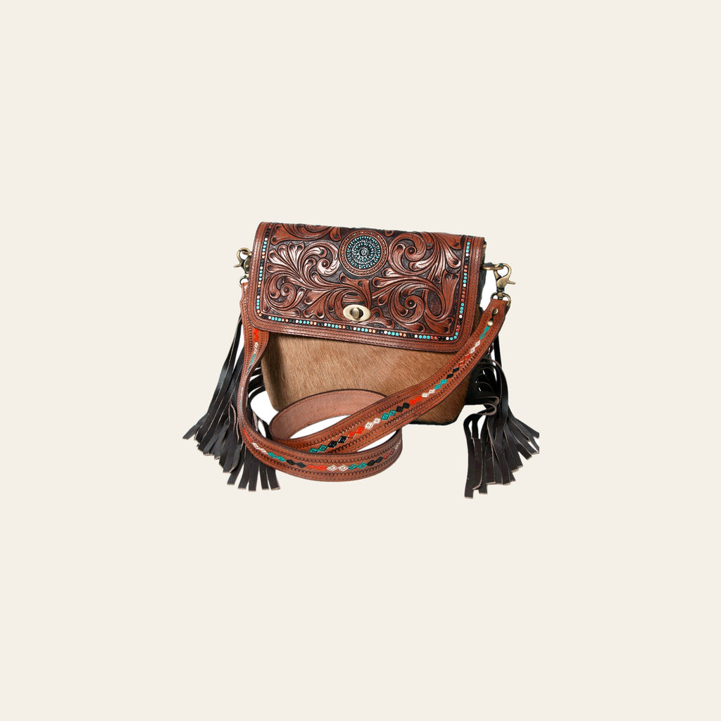 Ohlay Bags Western Hand Tooled Leather Crossbody Bag for Women, Hair On Cowhide Purse with Fringe