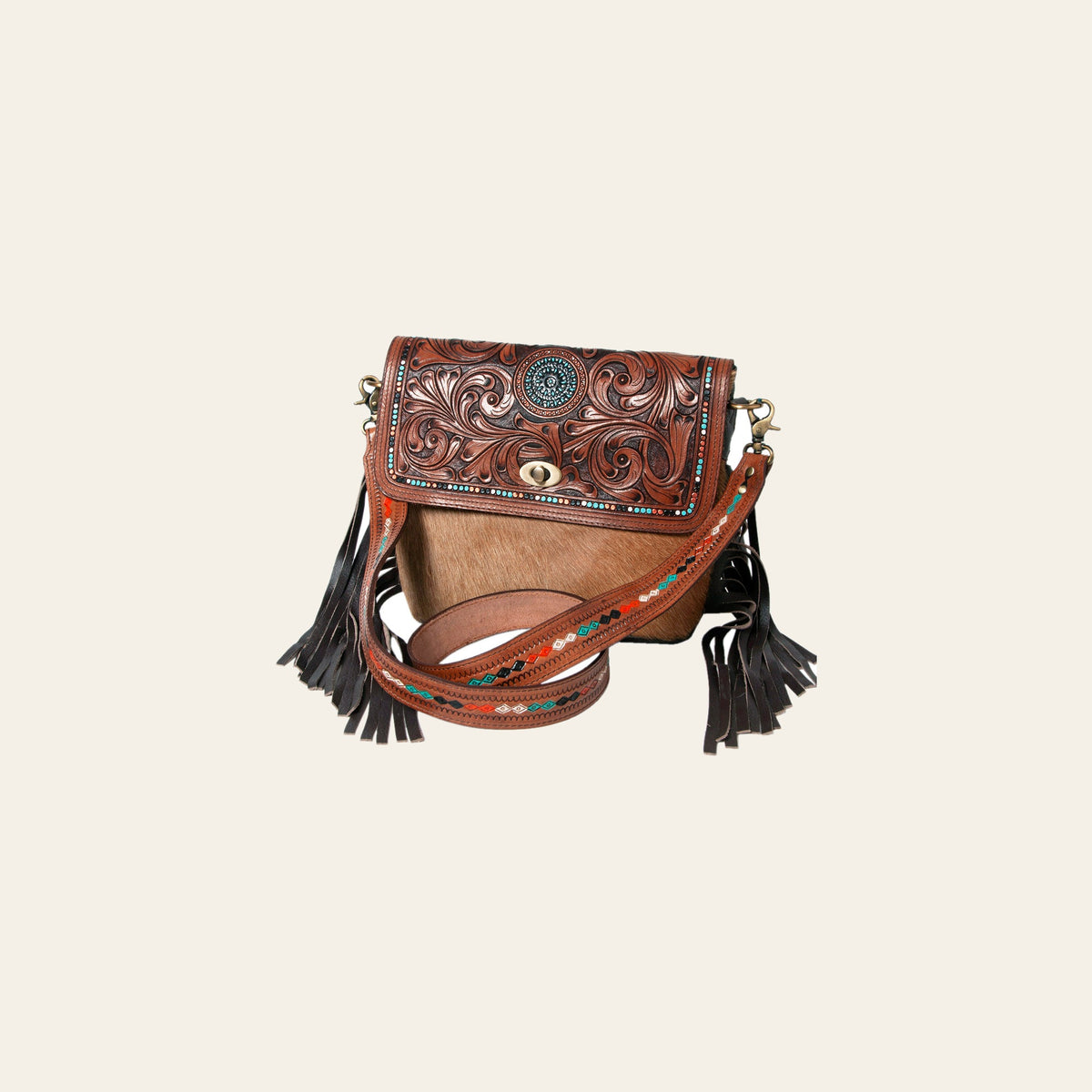 Ohlay Bags Western Hand Tooled Leather Crossbody Bag for Women, Hair On Cowhide Purse with Fringe