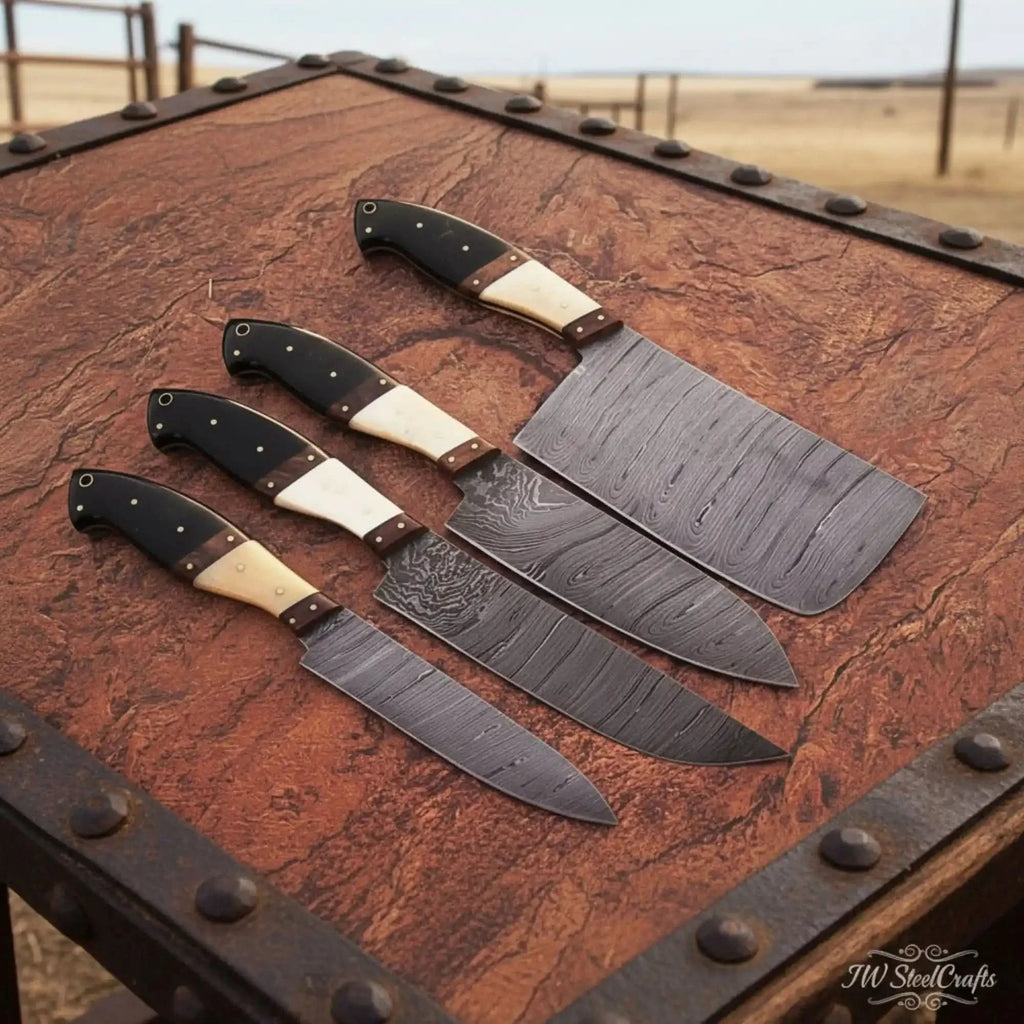 5 piece Handmade Damascus Kitchen Knife Set with Black Resin White Bone and Rosewood Handles
