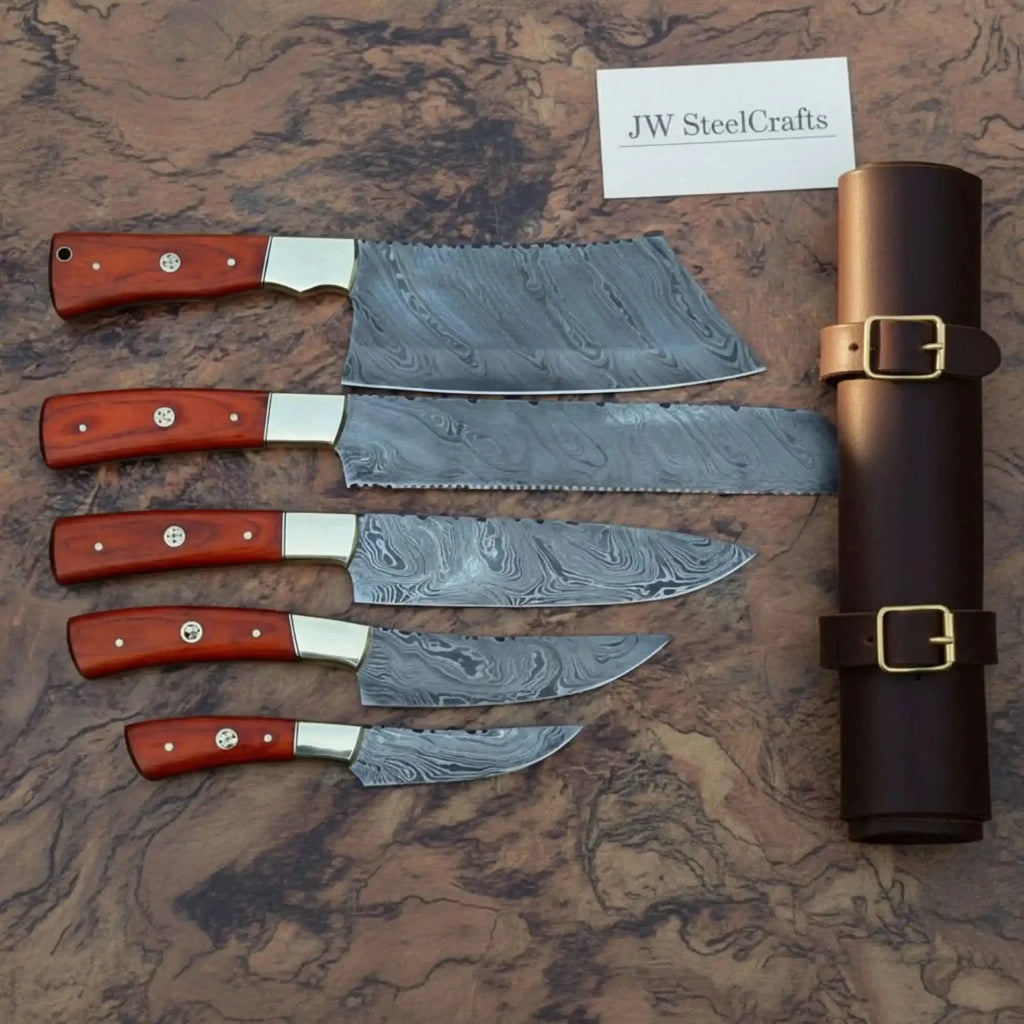 5-Piece Damascus Kitchen Knife Set — Butcher, Bread, Chef, Utility & Paring with Reddish Hardwood Handles