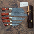 5-Piece Damascus Kitchen Knife Set — Butcher, Bread, Chef, Utility & Paring with Reddish Hardwood Handles