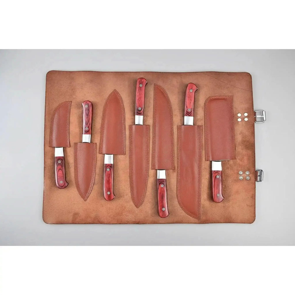 7-Piece Kitchen Knife Set with Vegetable Cleaver with Red Pakka Wood Handles and Swirl Damascus Blades