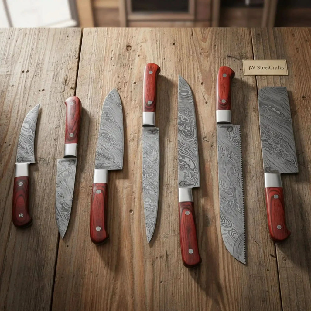 7-Piece Kitchen Knife Set with Vegetable Cleaver with Red Pakka Wood Handles and Swirl Damascus Blades