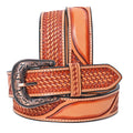 Hilason Hand-Tooled Basket Weave Leather Belt – Western Style with Engraved Buckle Tan