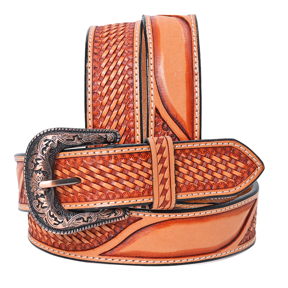 Hilason Hand-Tooled Basket Weave Leather Belt – Western Style with Engraved Buckle Tan