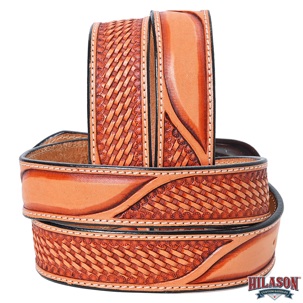 Hilason Hand-Tooled Basket Weave Leather Belt – Western Style with Engraved Buckle Tan
