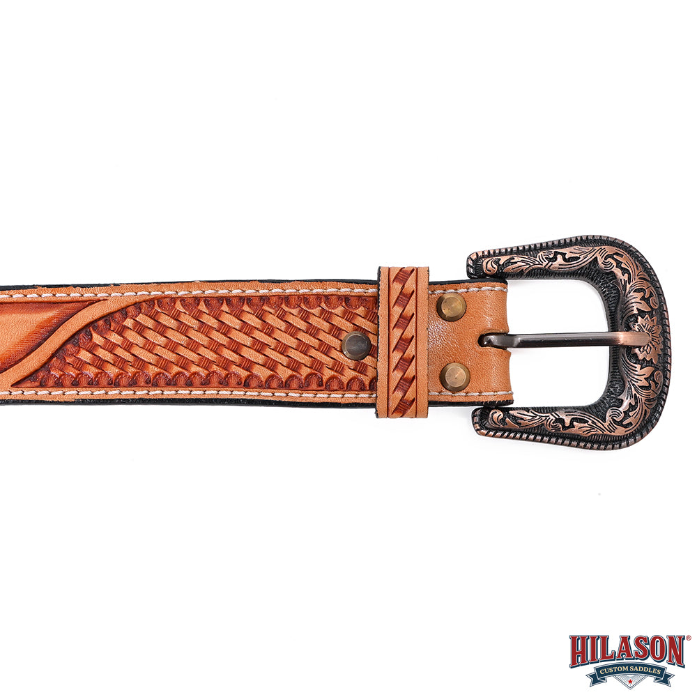 Hilason Hand-Tooled Basket Weave Leather Belt – Western Style with Engraved Buckle Tan