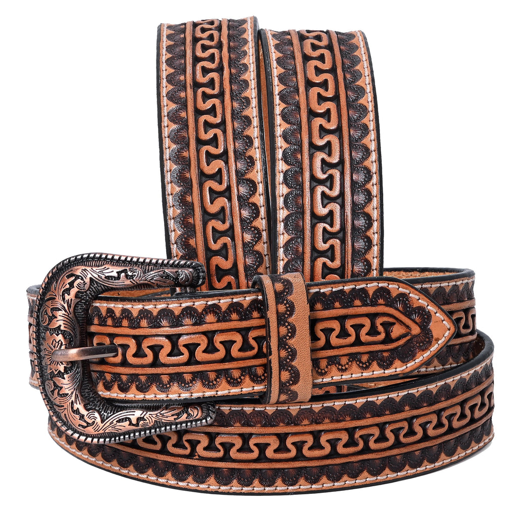 Hilason Hand-Tooled Western Leather Belt – Embossed Pattern with Engraved Buckle