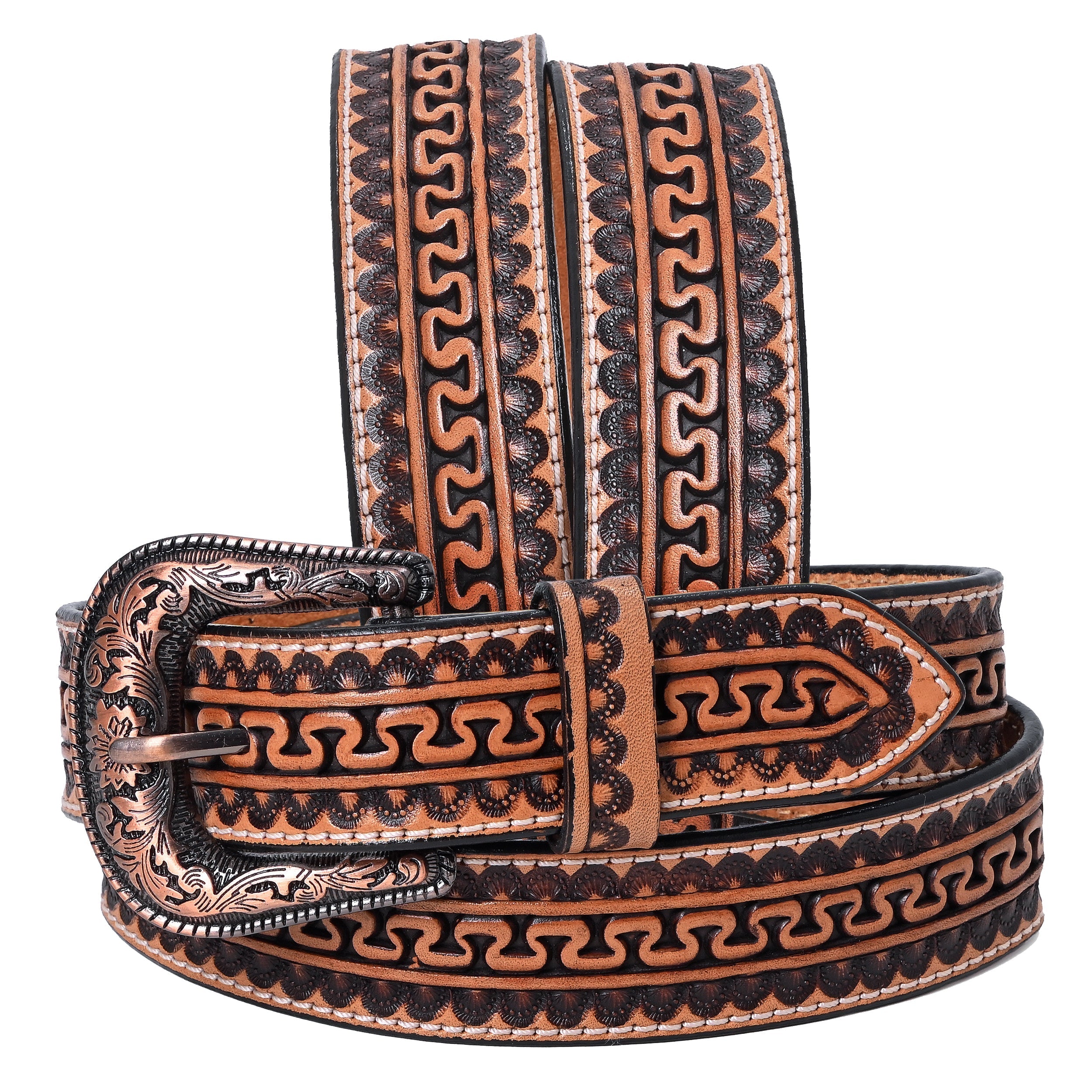 Hilason Hand-Tooled Western Leather Belt – Embossed Pattern with Engraved Buckle