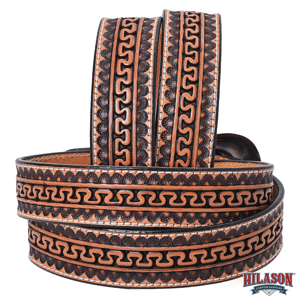 Hilason Hand-Tooled Western Leather Belt – Embossed Pattern with Engraved Buckle