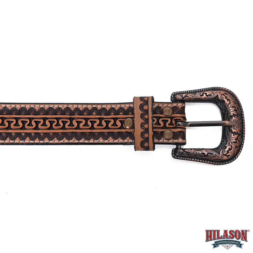 Hilason Hand-Tooled Western Leather Belt – Embossed Pattern with Engraved Buckle