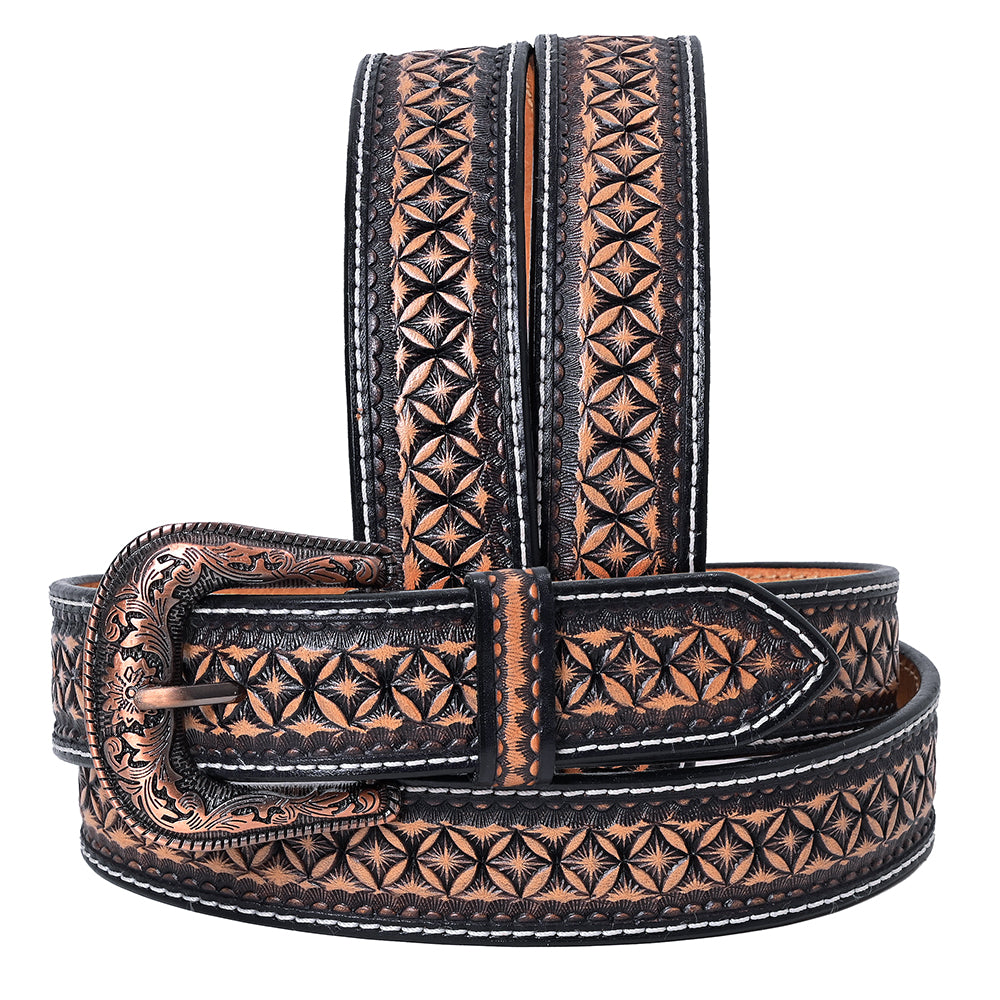 Hilason Hand-Tooled Western Leather Belt – Embossed Pattern with Engraved Buckle