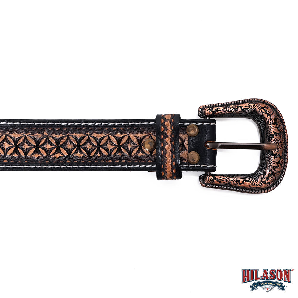 Hilason Hand-Tooled Western Leather Belt – Embossed Pattern with Engraved Buckle
