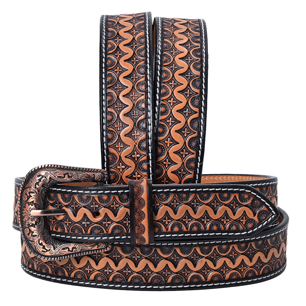 Hilason Hand-Tooled Western Leather Belt – Embossed Pattern with Engraved Buckle