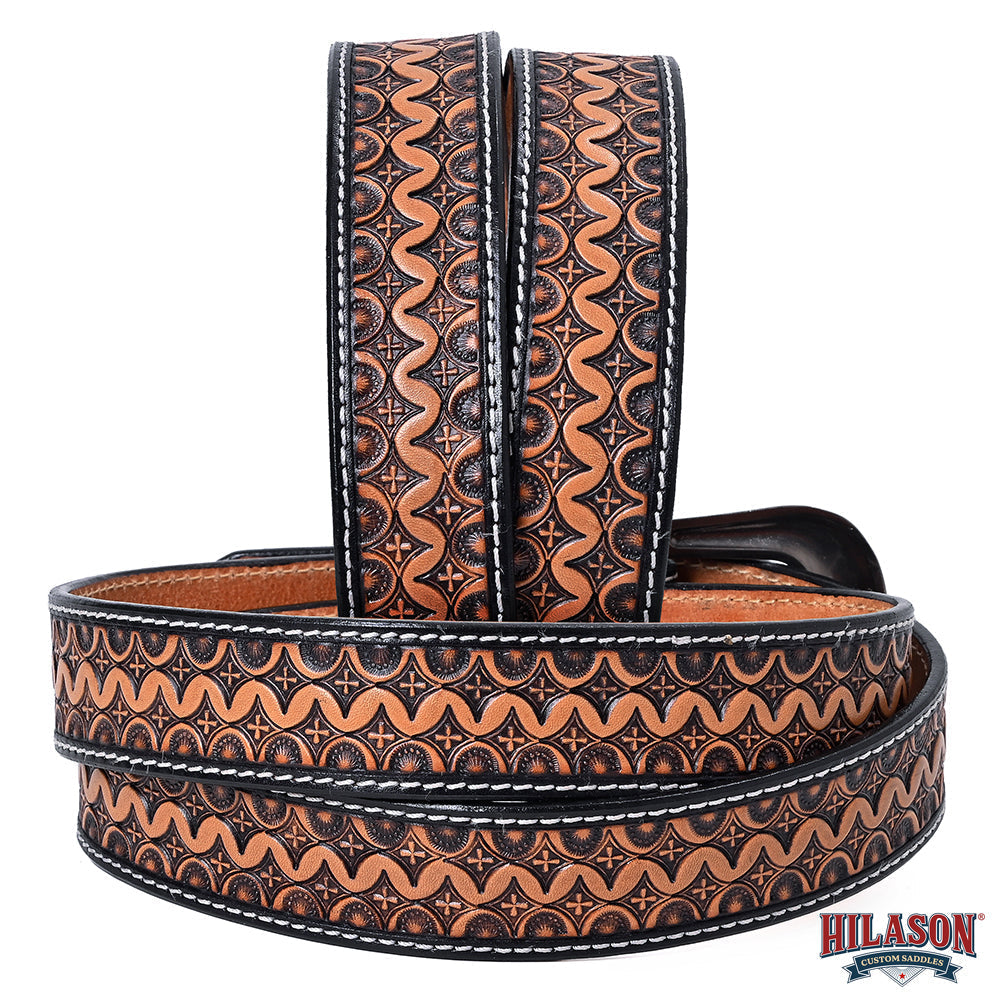 Hilason Hand-Tooled Western Leather Belt – Embossed Pattern with Engraved Buckle