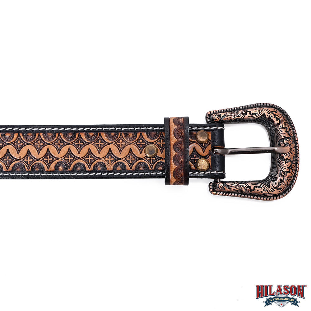 Hilason Hand-Tooled Western Leather Belt – Embossed Pattern with Engraved Buckle