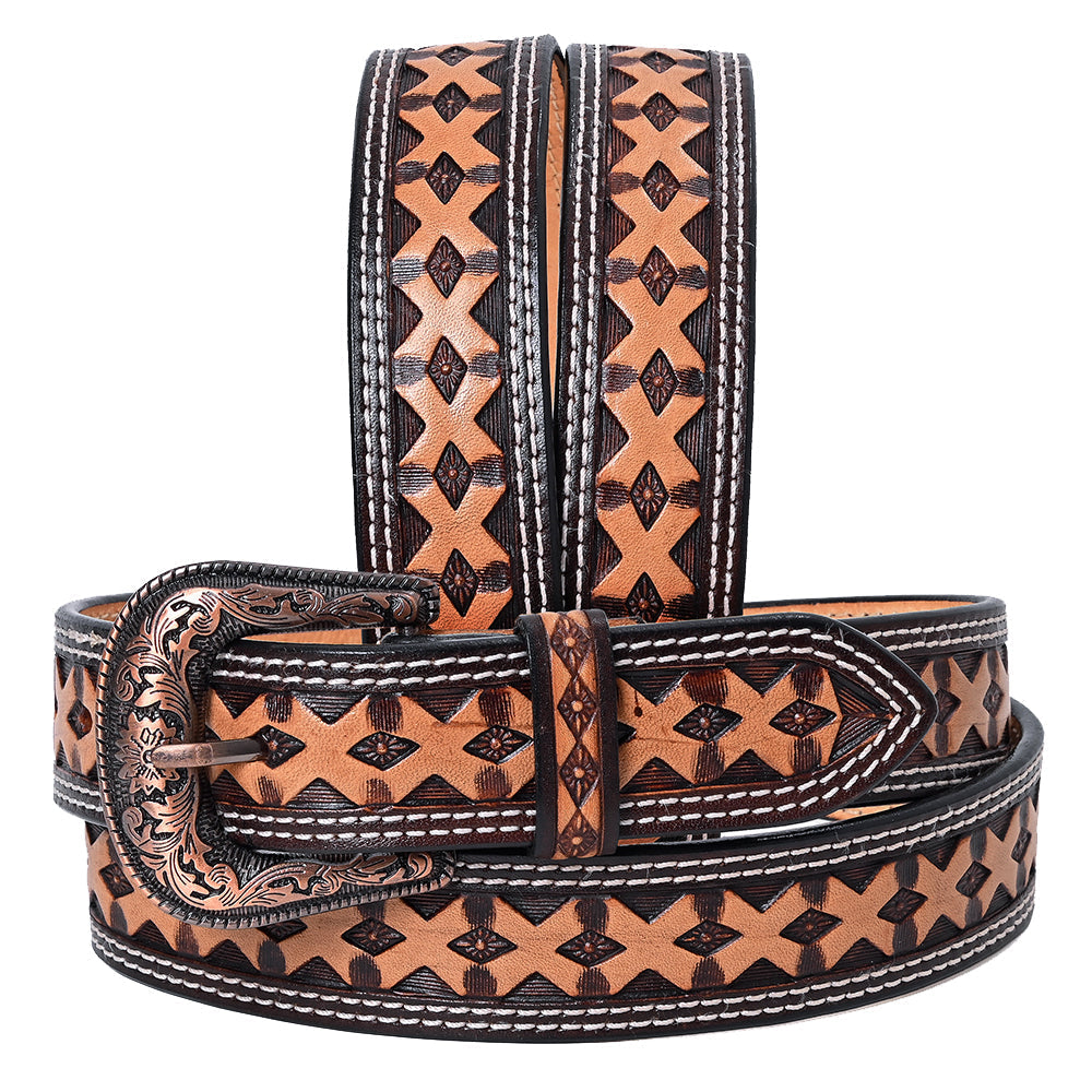 Hilason Hand-Tooled Western Leather Belt – Embossed Pattern with Engraved Buckle