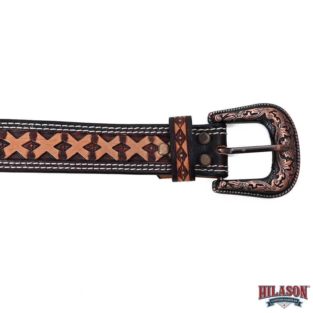 Hilason Hand-Tooled Western Leather Belt – Embossed Pattern with Engraved Buckle