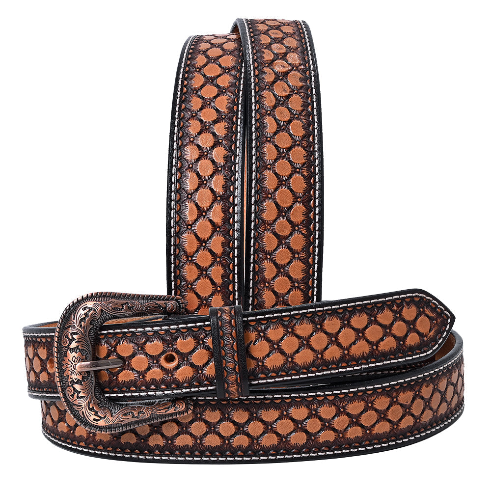 Hilason Hand-Tooled Western Leather Belt – Embossed Pattern with Engraved Buckle