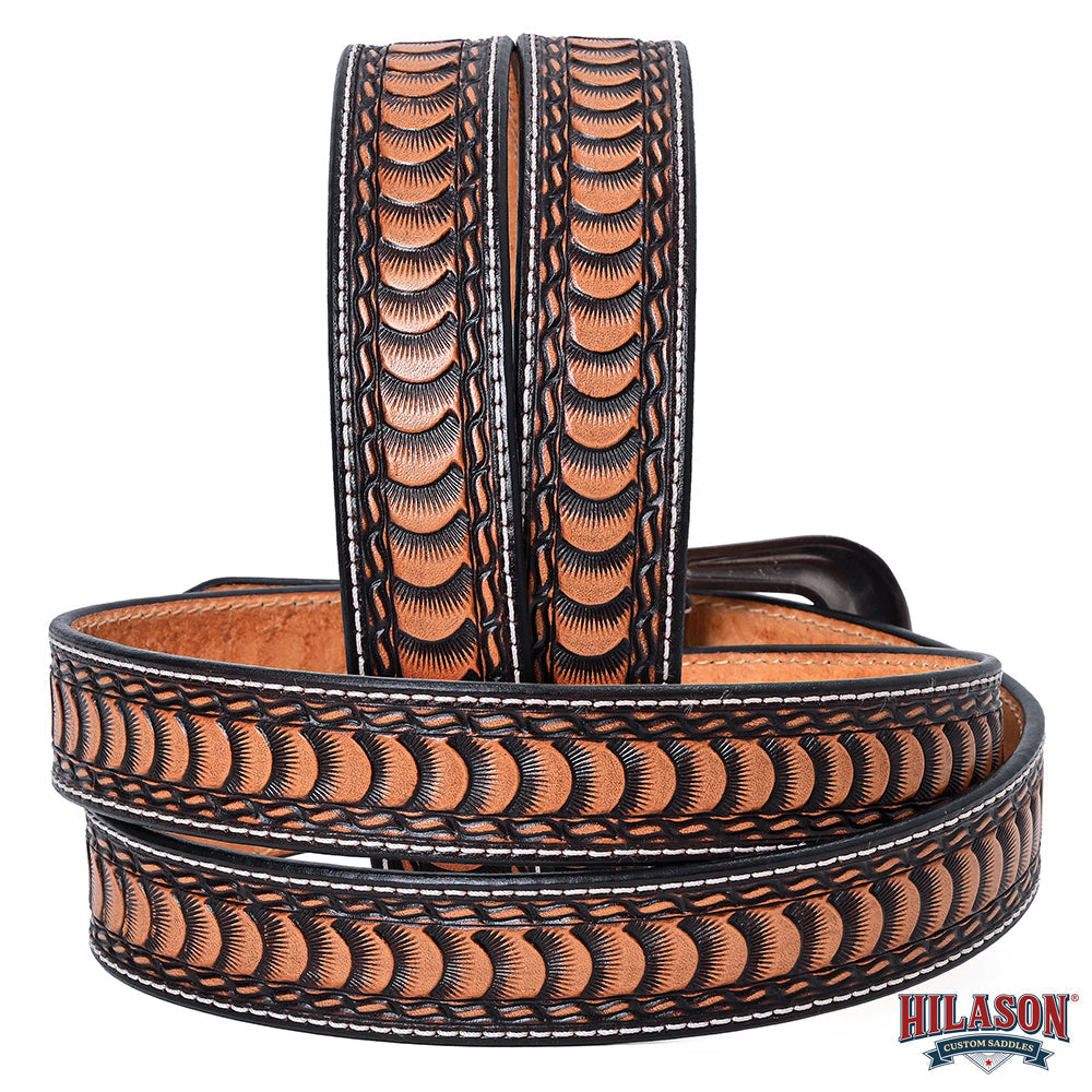 Hilason Hand-Tooled Western Leather Belt – Embossed Pattern with Engraved Buckle