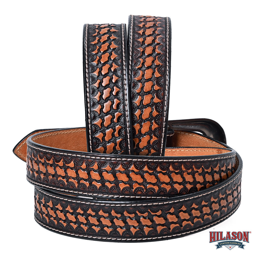 Hilason Hand-Tooled Western Leather Belt – Embossed Pattern with Engraved Buckle