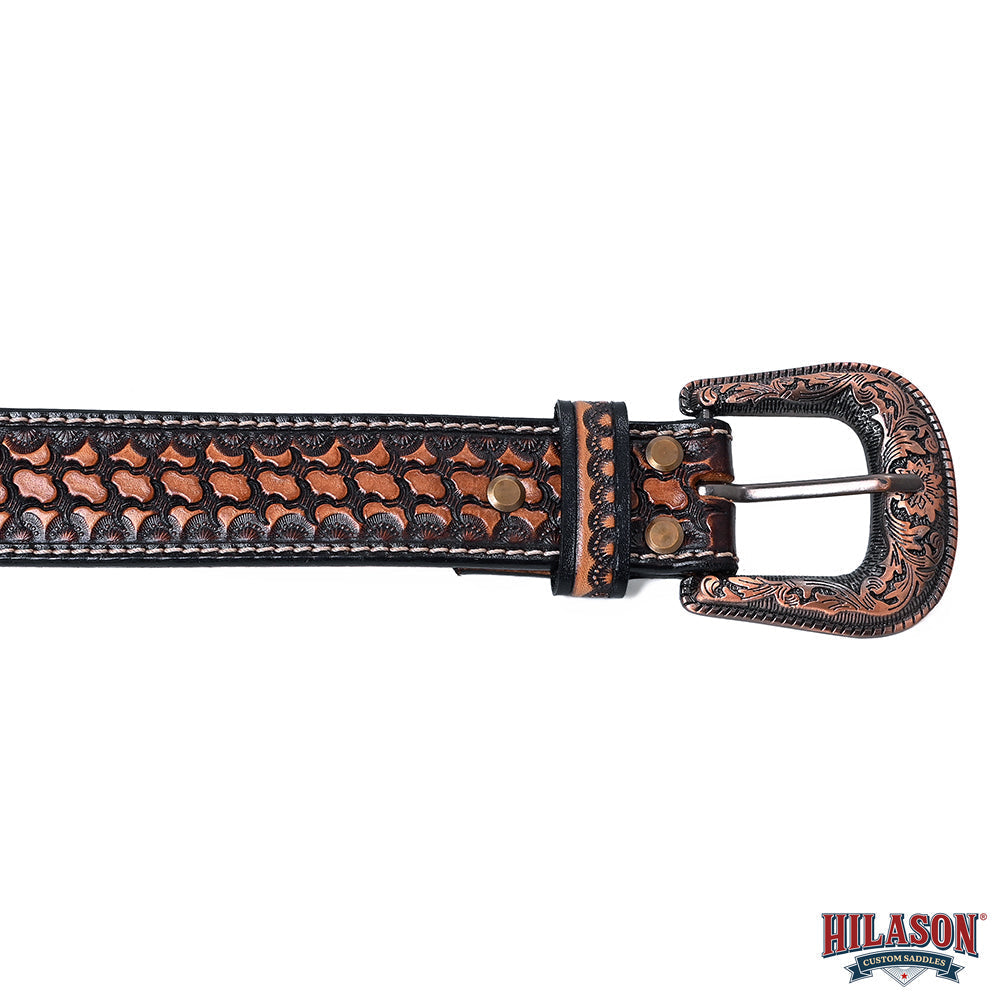Hilason Hand-Tooled Western Leather Belt – Embossed Pattern with Engraved Buckle