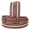 Hilason Hand-Tooled Basket Weave Leather Belt – Western Style with Engraved Buckle Tan