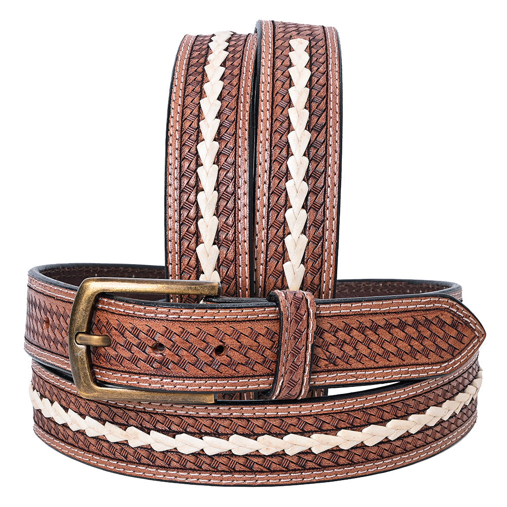 Hilason Hand-Tooled Basket Weave Leather Belt – Western Style with Engraved Buckle Tan