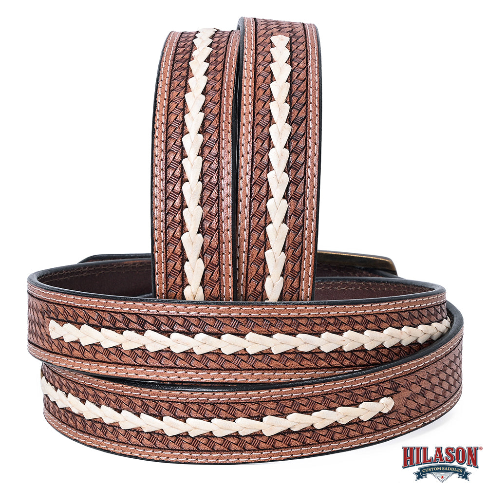 Hilason Hand-Tooled Basket Weave Leather Belt – Western Style with Engraved Buckle Tan