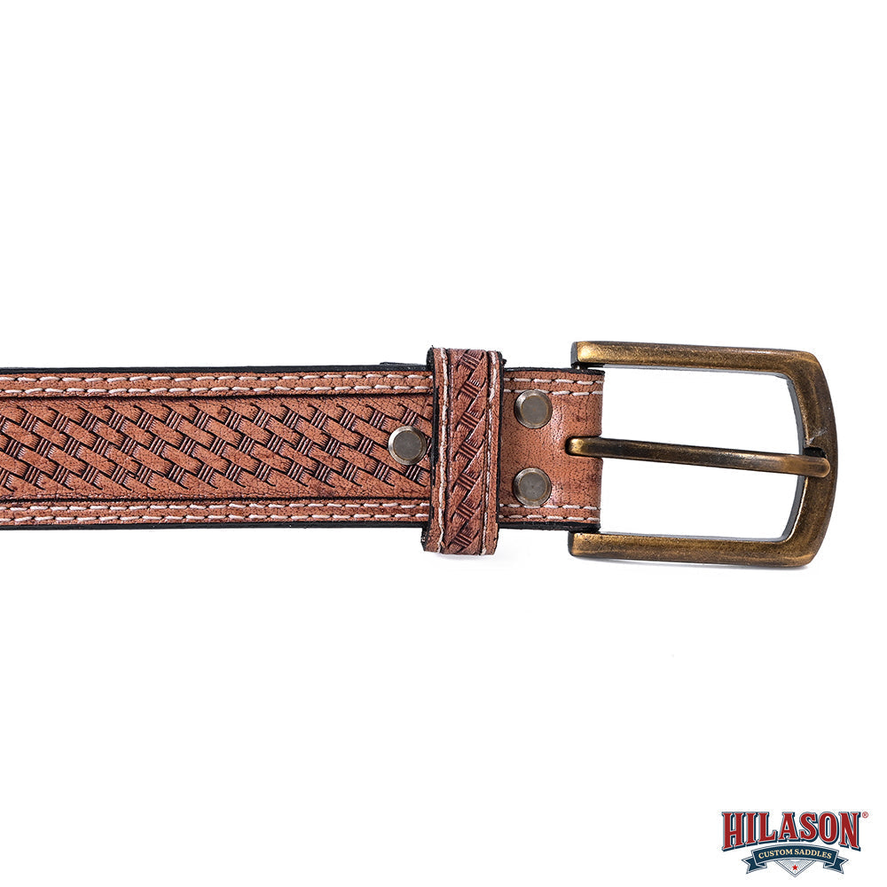 Hilason Hand-Tooled Basket Weave Leather Belt – Western Style with Engraved Buckle Tan