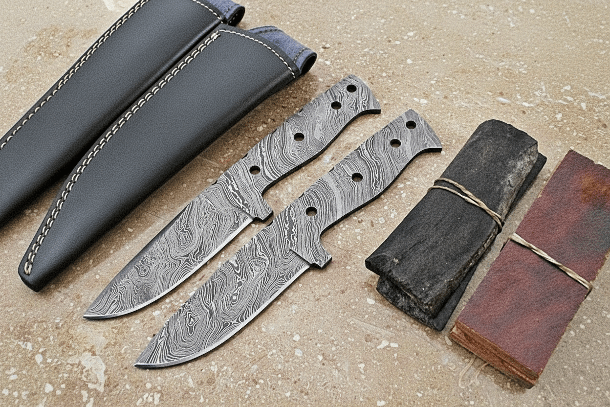 Skinner Blank blades +2Leather sheaths + two handle materials scales