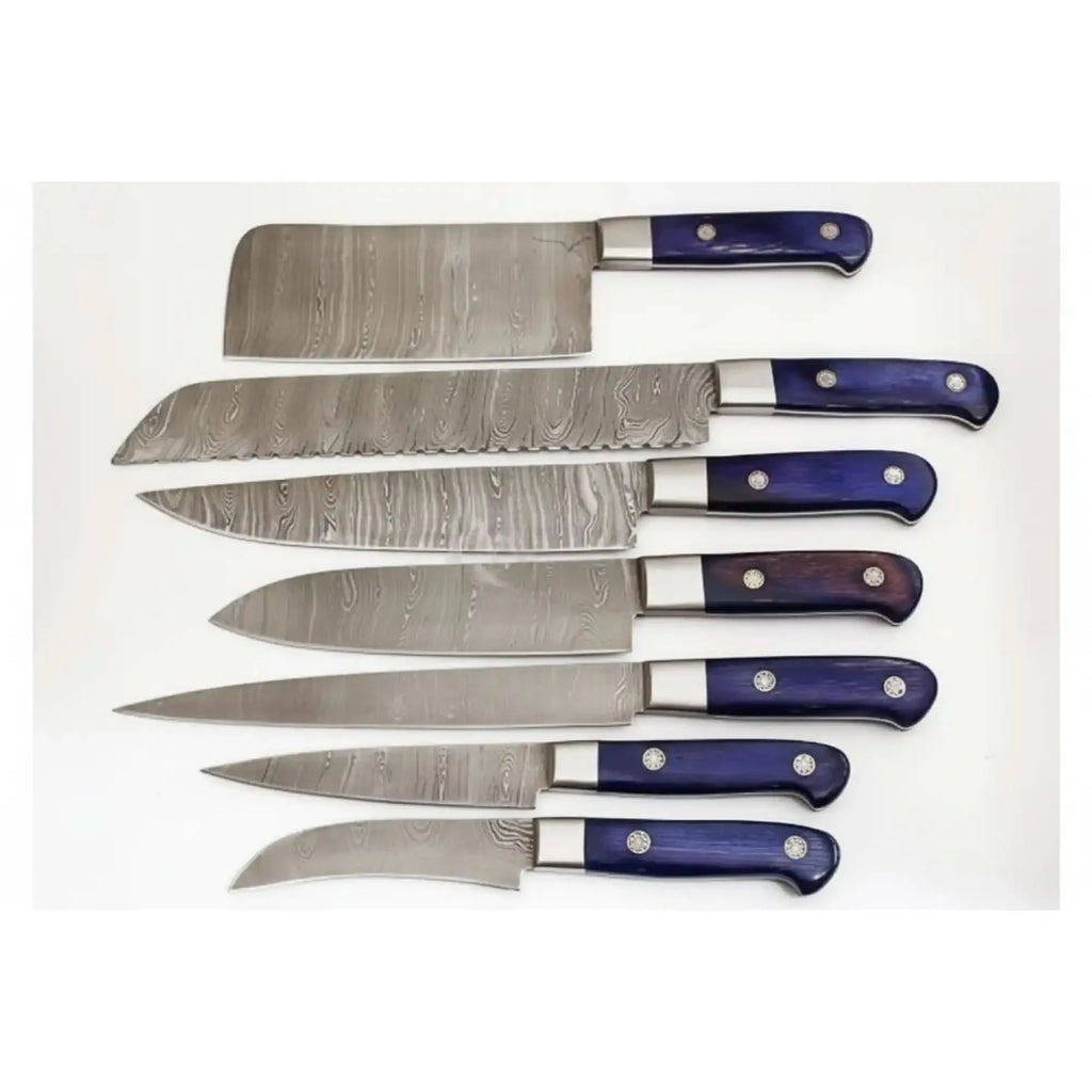 7-Piece Damascus Kitchen Knife Set — Chinese Cleaver, Bread, Chef, Santoku, Slicing, Utility & Paring