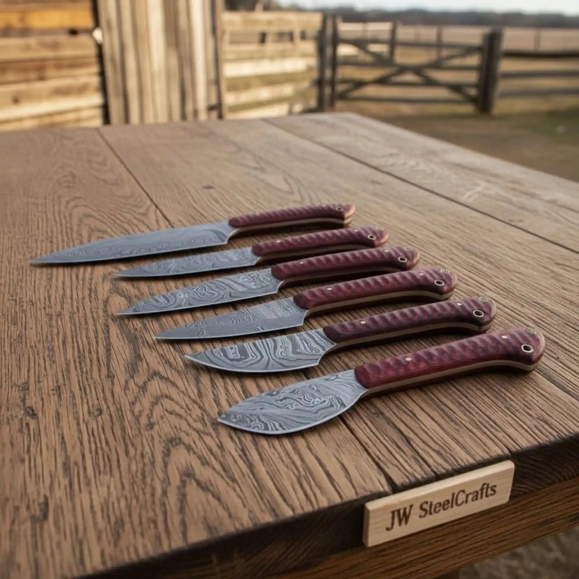 6-Piece Damascus Kitchen Knife Set with Red Burl Pakka Wood Handles & Lanyard Holes | JW Steel Crafts
