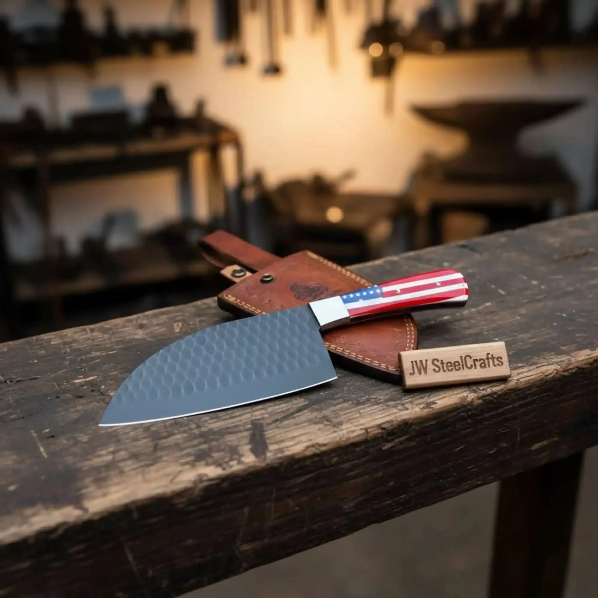 Ko-Santoku Knife with Hammered Carbon Steel Blade and USA Flag Handle