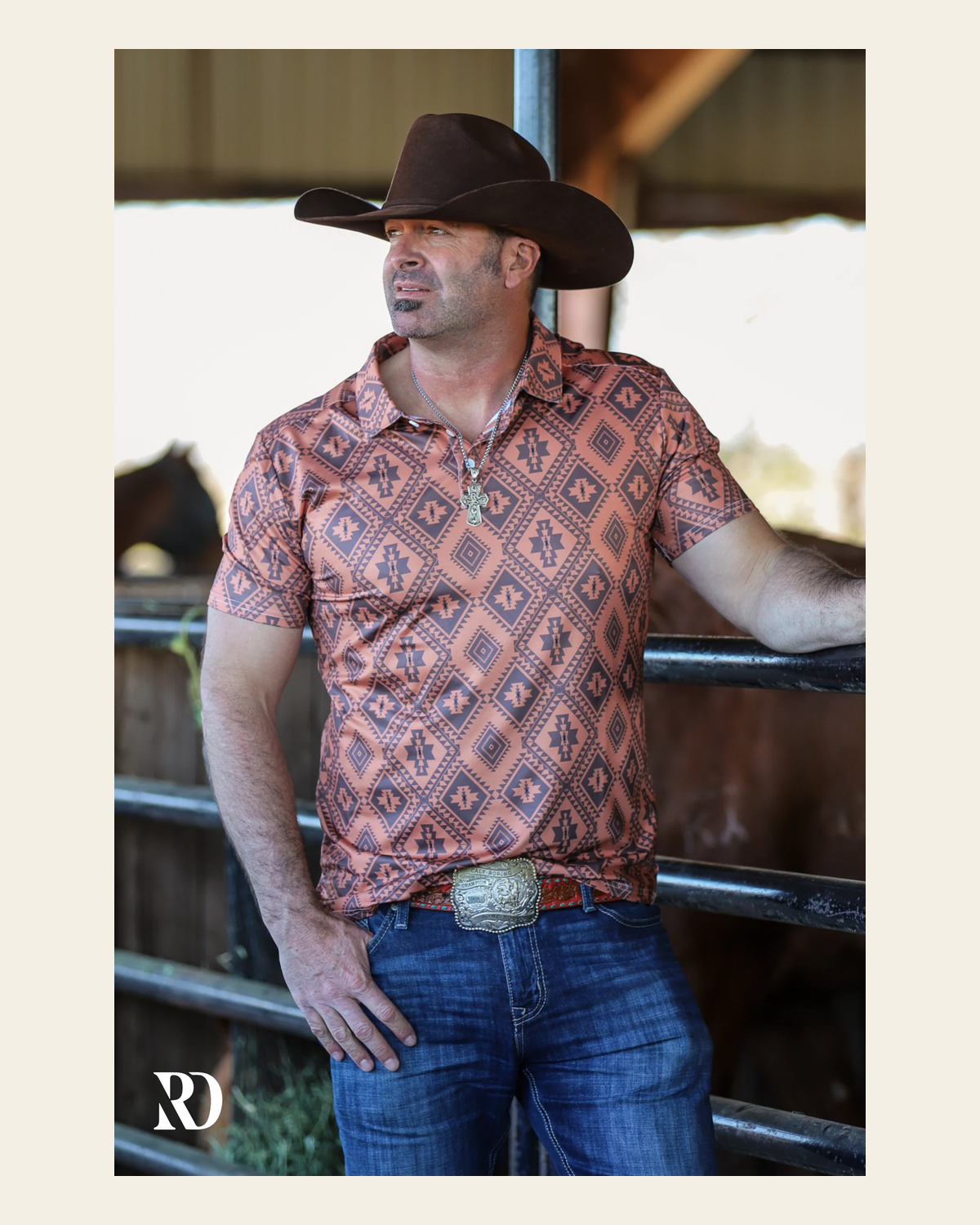 Lampasas Men's Performance Polo on a warm cream background